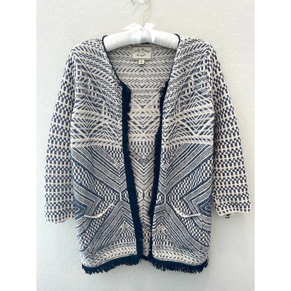 LUCKY BRAND Boho Fringe Open Front Sweater Jacket Navy Cream Geometric | Small - Picture 1 of 11